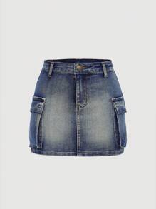 SHEIN Girlism Tween Girls Y2K 复古水洗牛仔布工装口袋裙 - 中等水洗藍 - 查看 1