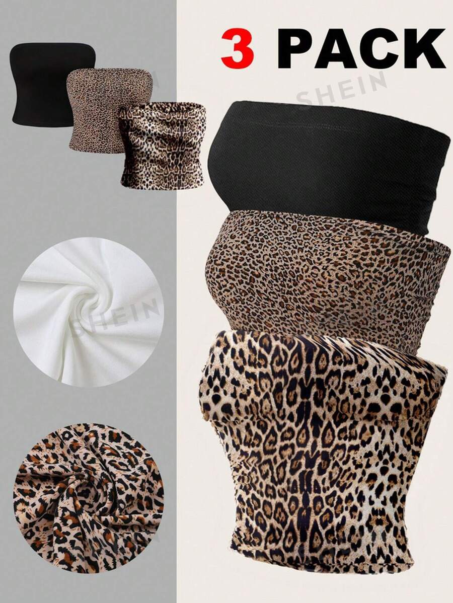 SHEIN EZwear Top sin tirantes de talla grande para mujer con estampado de leopardo/unicolor