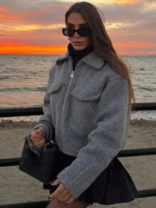 TRAFZA Women's Casual Faux Wool Jacket, Solid Color Lapel Long Sleeve Practical Pocket Loose Outerwear, Autumn/Winter - Grey - View 2