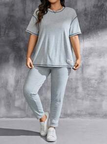 SHEIN Essnce Plus Size cổ tròn lộ đường may áo thun ngắn tay và quần dài - Xám - Xem 3