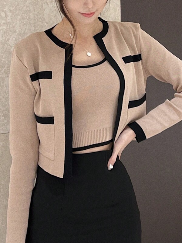 DAZY Set de 2 piezas de cárdigan y top de punto de mujer con bloques de color, para otoño y vuelta al colegio