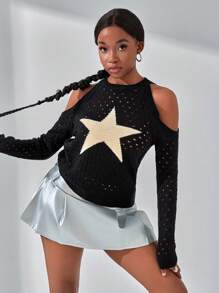 SHEIN Explorewe Teen Girl Round Neck Cold Shoulder Long Sleeve Contrast Color Sweater - Black - View 1
