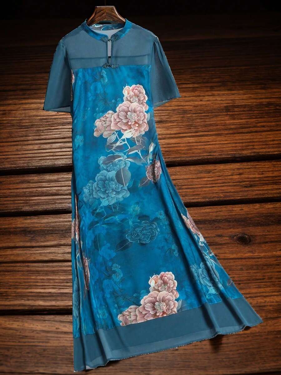 Seusyu 花卉印花網狀覆蓋設計的阿拉伯連衣裙 - 彩色 - 查看 1