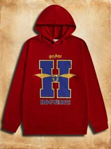 HARRY POTTER X SHEIN Men's Hogwarts Burgundy Print Casual Hooded Sweatshirt - Burgundy - View 1