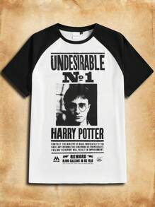 HARRY POTTER X SHEIN Unisex 1pc Casual Colorblock Raglan Sleeve T-Shirt With Black And White Poster Print, Summer - Black and White - View 2