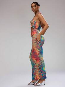 MUSERA Print Cut Out Halter Neck Maxi Dress Ibiza Fits Boho Spring Vacation Summer Festival - Multicolor - View 3