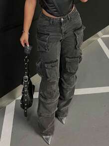Women's Denim Effect Washed Multi-Pocket Cargo Pants - Dark Grey - View 7