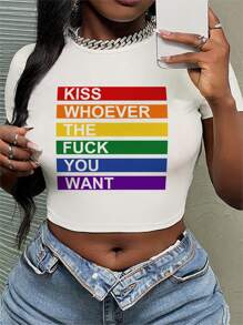 Slaydiva Áo thun crop top tay ngắn cổ tròn in họa tiết đồ họa Month Rainbow Kiss Anyone, chất liệu cotton pha trộn, phù hợp cho mùa hè - trắng - Xem 1