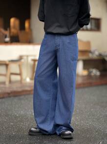 Manfinity Homme Men's Vintage American Casual Dark Blue Indigo Loose Wide Leg Denim Jeans