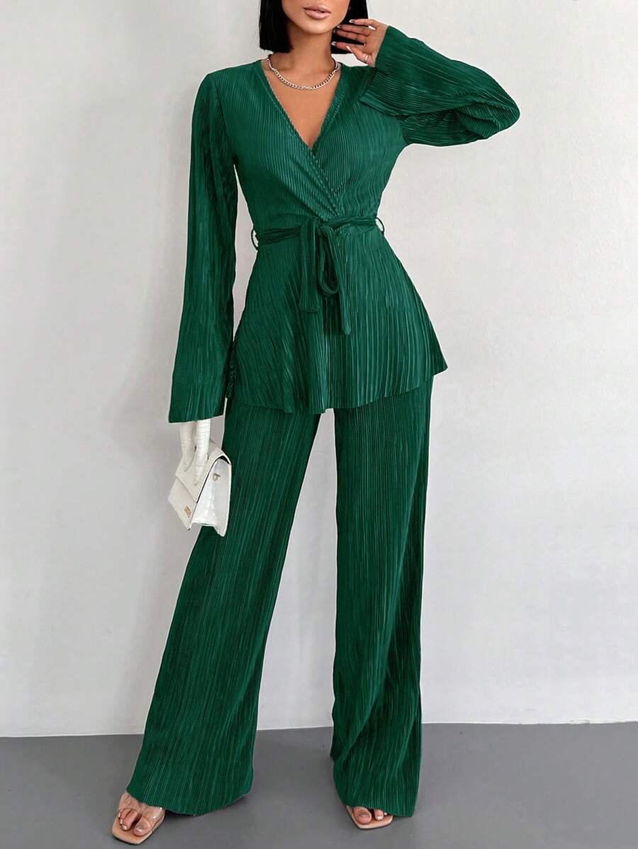 EURMUSE Conjunto De Dos Piezas Para Mujer: Top Con Mangas Acampanadas Y Cinturón Y Pantalones - Verde Oscuro - Ver 1