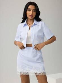 SHEIN Essnce Conjunto de 2 piezas camisa y falda en patchwork de encaje para mujeres - Blanco - Ver 3