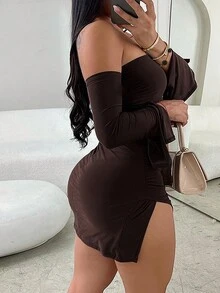 女士嘉年华之夜浪漫派对情人节优雅无袖抹胸高开衩迷你连衣裙夏季 - 棕色 - 查看 4