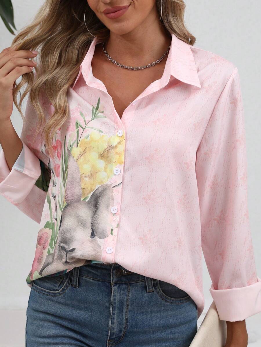 "2025 New Women's Summer Casual Long-Sleeve Easter Bunny Print Collar Shirt - Pink - View 1