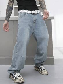 Manfinity EMRG 男式休闲宽松阔腿牛仔裤，配有腰带环和口袋 - 淺色水洗藍 - 查看 5