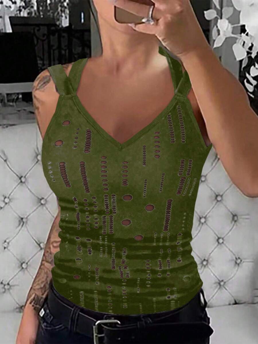 EMERY ROSE Top informal de mujer sin mangas y cuello en V de un solo color con huecos decorativos, para uso diario