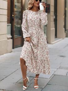 SHEIN Clasi Women's Round Neck Ditsy Floral Long Sleeve Holiday Dress Maxi Women Outfit