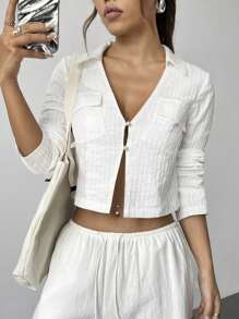 SHEIN Unity Camisa feminina de manga longa simples e básica, para uso diário - Branco - Visão 2