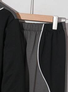 SHEIN Teenage Boys' Street Style Patchwork Polo Shirt & Sweatshirt With Fashionable Patchwork Long Pants Set - Black - View 6