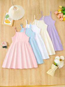 SHEIN Vintaside Kids Young Girl 5pcs/Set Simple Solid Color Casual Spaghetti Strap Dress, School, Campus, College - Multicolor - View 2