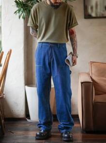 Manfinity Homme American Style Vintage Men's Medium Blue Distressed Wide Leg Jeans, Carpenter Pants