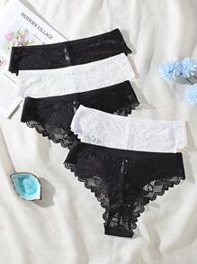 SHEIN Women's Solid Color Simple Lace Patchwork Daily Wear Triangle Bra And Panties Set,5 Pcs