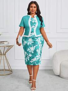 Fleurora فستان كبير الحجم للمرأة، بطبعة زهور، وأكمام قصيرة، مناسب للخريج، بتصميم نحيف، ملابس المعلم، فستان المعلم، مناسب للاستخدام على مدار فصول السنة