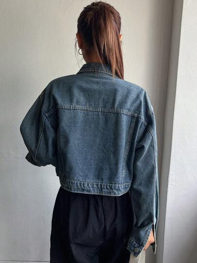 DAZY Áo khoác denim màu trơn cài nút phía trước có túi, tay dài thường ngày, quần áo trở lại trường