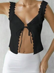 Chiquease Gewinde Spitzenbesatz Crop Top Einfarbig und Band-Verzierung - Schwarz - Übersicht 3