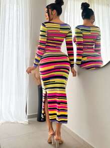 SHEIN SXY 多彩針織毛衣長高領裙，秋冬季節 - 彩色 - 查看 2