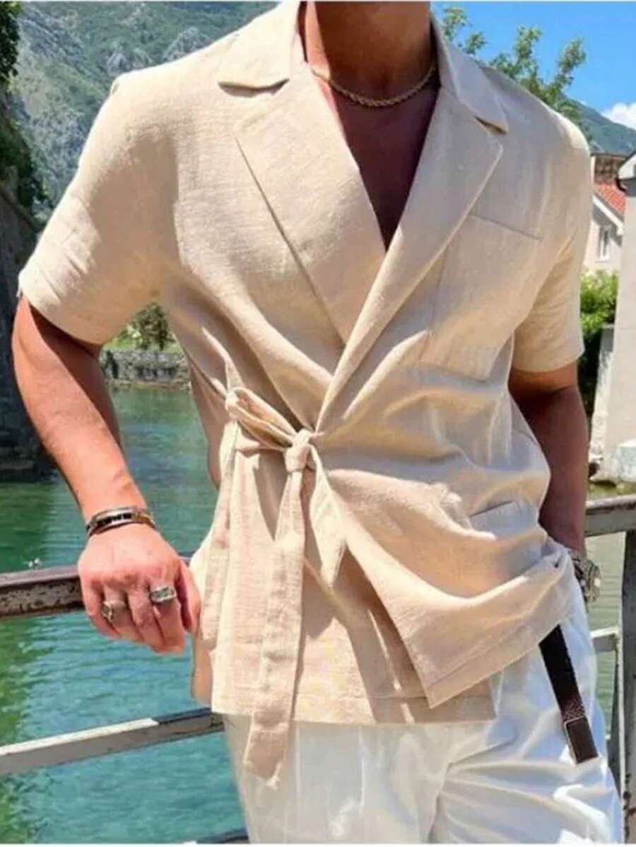 Manfinity Homme Plus Lapel Neck Knot Side Shirt - Apricot - View 1