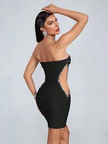 Girsdy Black Sexy Sleeveless Short Fashionable Knit Dress, Beaded Mesh Export Halter Party Mini Dress