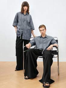 Mainfolk Men's Solid Color Woven Short Sleeve Loose Fit Casual Shirt, Suitable For Summer - Grey - View 11