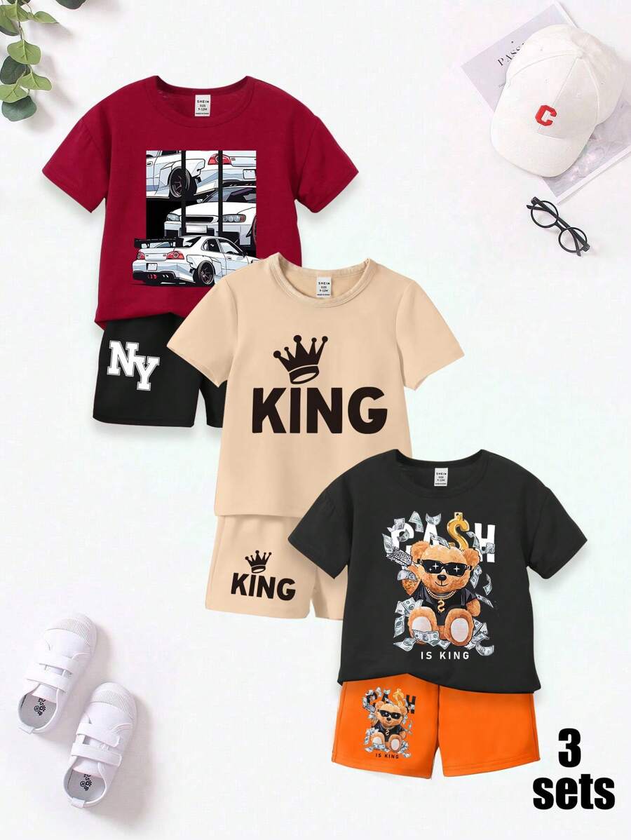 SHEIN Playful Pals Bé Trai 3 Chiếc Kính Mát Thông Thường Vui Nhộn Gấu Xe Ô Tô Hình Vương Miện Chữ Khẩu Hiệu Phim Hoạt Hình In Áo Thun Tay Ngắn + Bộ Quần Short - Nhiều màu - Xem 1