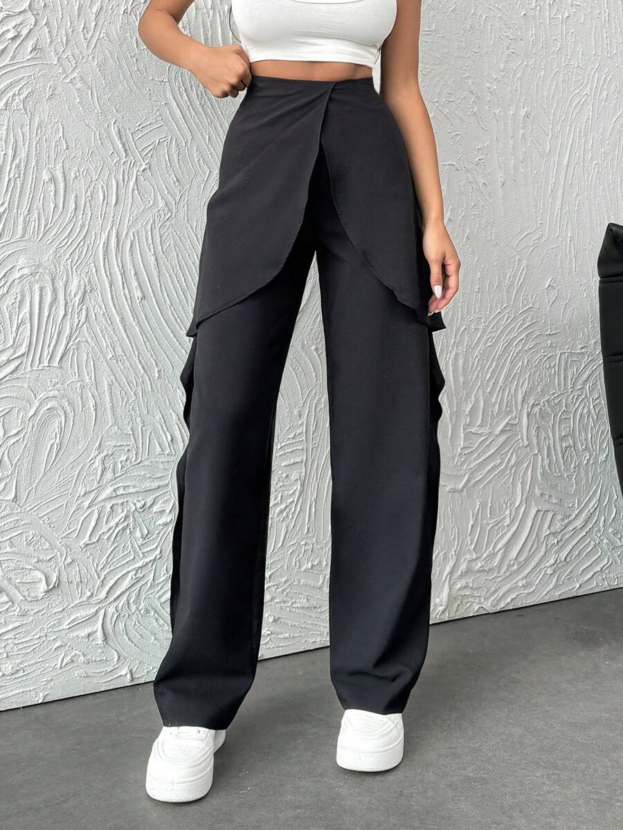 EURMUSE PALAZZO WITH SIDE FRILL PANT - Black - View 1