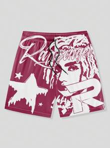 ROMWE MEN Street Life Quần short rút dây đơn giản in họa tiết thường ngày cho nam, họa tiết ngẫu nhiên, trường học - Nhiều màu - Xem 1
