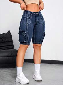 SHEIN ICON Women's Casual Summer Denim Shorts With Pocket Design - Dark Wash - View 4