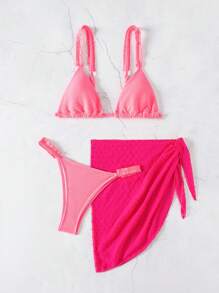 SHEIN Swim Damen Einfarbiger, simpler Bikini-Set für den täglichen Gebrauch am Strand - Heißes Pink - Übersicht 5