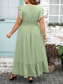 SHEIN Clasi Plus Solid Shirred Butterfly Sleeve Ruffle Hem Dress - Mint Green - View 2