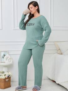 2Pcs Cottonline Slogan Printed Long Sleeve Shirt And Long Bottoms Homewear PJ Set - Green - View 5