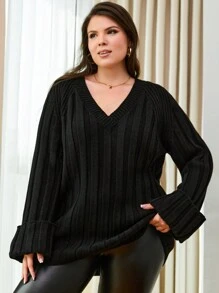 EURMUSE Plus Rib Solid Color Raglan Sleeve Sweater - Black - View 5