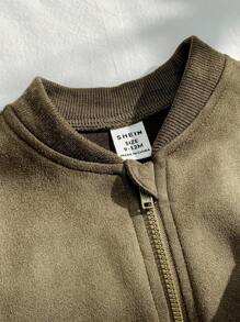 SHEIN Leap Crew Baby Boy Dark Green Baseball Jacket, Casual Versatile Decor Pockets Dropped Shoulders Soft Suede Fabric All-Match Street Comfortable Simplistic Suitable For Outing, Autumn