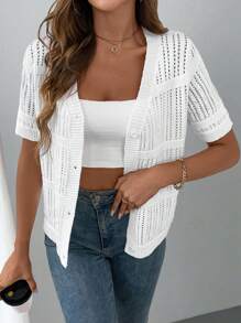 SHEIN LUNE 女士素色簡約日常短袖V領針織上衣 - 白色 - 查看 3