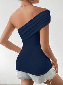 SHEIN LUNE Summer Casual Slim-Fit Solid Color Oblique Shoulder T-Shirt - Navy Blue - View 2
