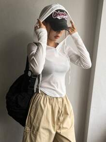 DAZY Women's Spring/Summer Casual Solid Color Drawstring Hooded Slim Fit T-Shirt Long Sleeve Women Tops - White - View 9