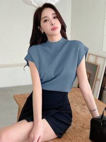 DAZY Solid Color Sleeveless Knitted Top With Half High Collar, Summer Casual Wear - Blue - View 3