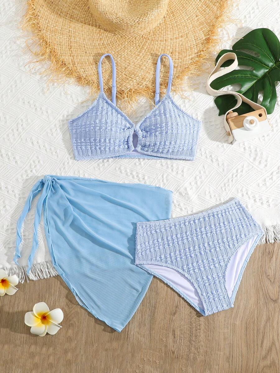 Conjunto de bikini de unicolor simple para uso diario en la playa para niña preadolescente - Azul - Ver 1