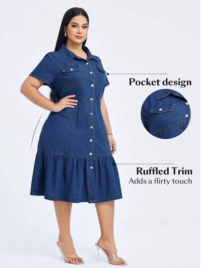 Flexra Vestido de mezclilla con bolsillo con solapa y dobladillo de volantes para el verano - talla plus