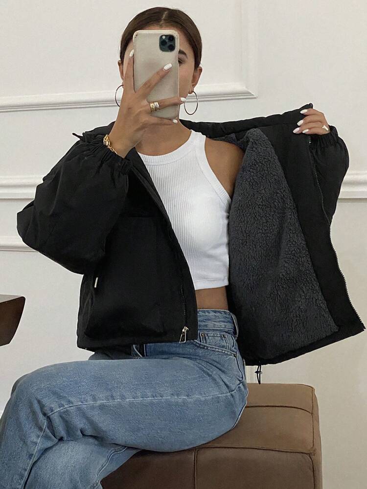 Women's Simple Solid Color Long Sleeve Padded Coat For Daily Wear, Winter Women Clothes, Padded Coat Women Jacket