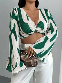 Celure Blusa corta de talla grande con estampado gráfico y detalle de nudo en la parte delantera