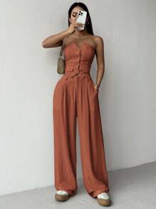 SHEIN EZwear Quần dài và áo quây hàng ngày màu trơn phong cách đơn giản cho nữ 2 cái/bộ - Rỉ Nâu - Xem 4